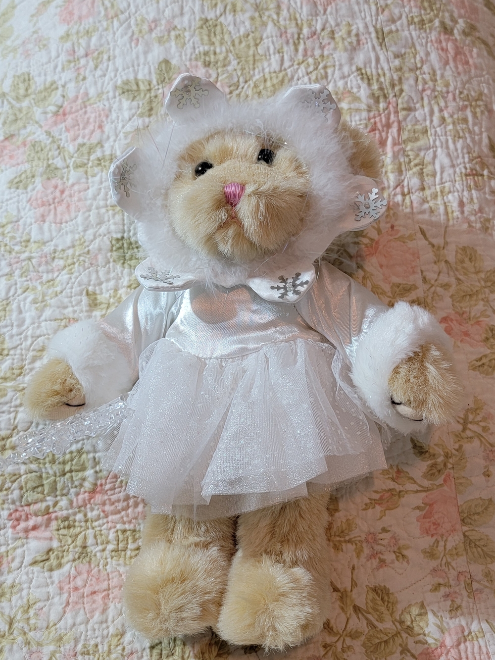 Plush Bear in White Sparkle Dress and Faux Fur Hood